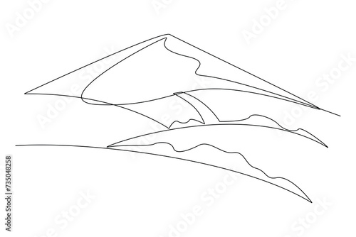 One continuous line drawing of Landscape with green grass, trees, sky horizon and Mountains. Nature concept. Doodle vector illustration in simple linear style.