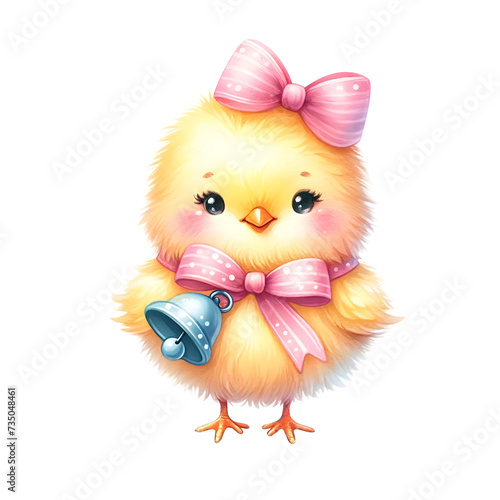 Delight in the charming depiction of a cute Easter chick adorned with a ribbon and bell in this watercolor artwork.