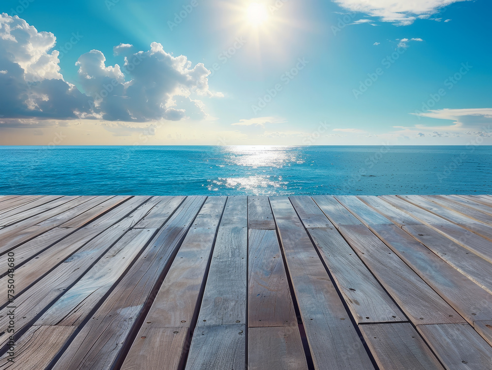 Wooden deck overlooking a serene blue ocean under a cloudy sky.
