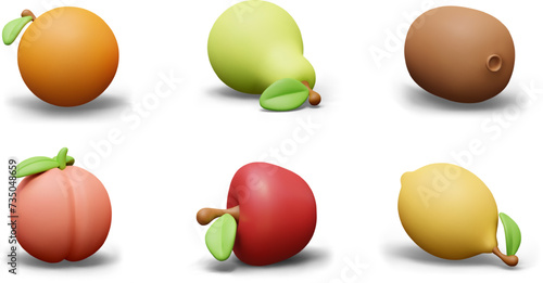 Collection of cute fruits in plasticine style. 3D orange, pear, kiwi, peach, apple, lemon