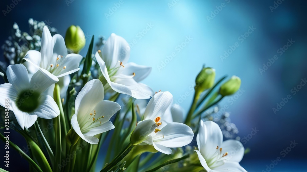Fototapeta premium A bouquet of delicate white flowers on a dark background with free space.