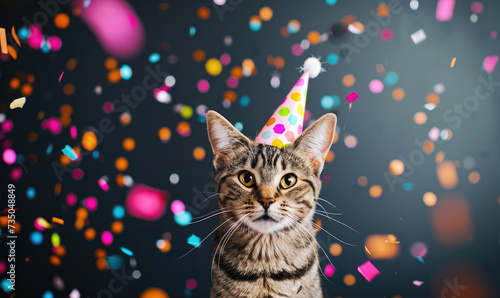 Happy cute cat a party hat celebrating at a birthday party, surrounding by falling confetti with copy space