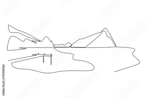 One continuous line drawing of Landscape with green grass, trees, sky horizon and Mountains. Nature concept. Doodle vector illustration in simple linear style.