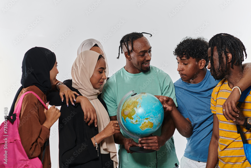 A diverse group of students is gathered around a globe, engrossed in exploration and study, their vibrant energy captured against a pristine white background, symbolizing unity and curiosity in their A diverse group of students is gathered around a globe, engrossed in exploration and study, their vibrant energy captured against a pristine white background, symbolizing unity and curiosity in their