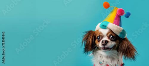 dog wearing birthday hat. Birthday Dog. Happy cute scruffy dog celebrating with birthday party hat, blue background with copy space to side. Funny party dog wearing colorful hat photo