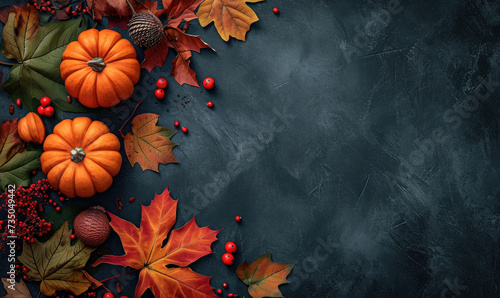 Thanksgiving and Autumn decoration concept made from autumn leaves and pumpkin on dark background. Flat lay  top view with copy space
