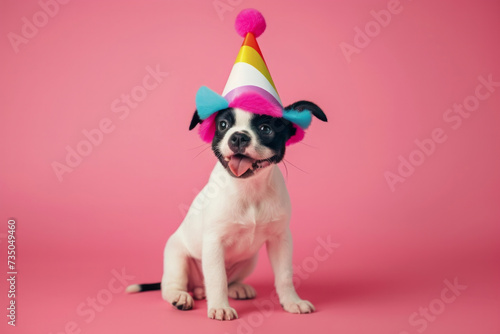 dog wearing birthday hat. Birthday Dog. Happy cute scruffy dog celebrating with birthday party hat, blue background with copy space to side. Funny party dog wearing colorful hat