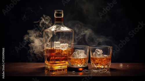 two glasses and bottle of whiskey on a wooden table