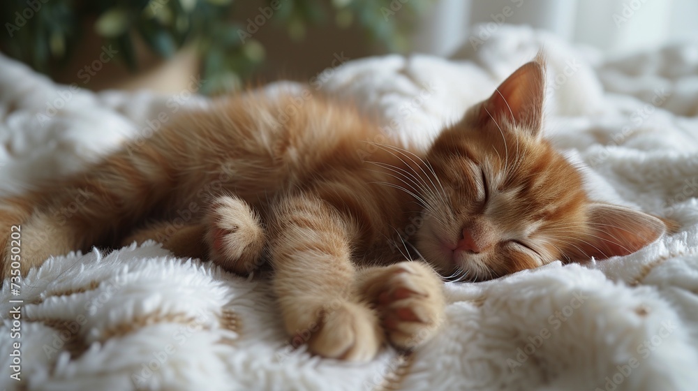 A cute little brown kitten sleeps on a white fur blanket.