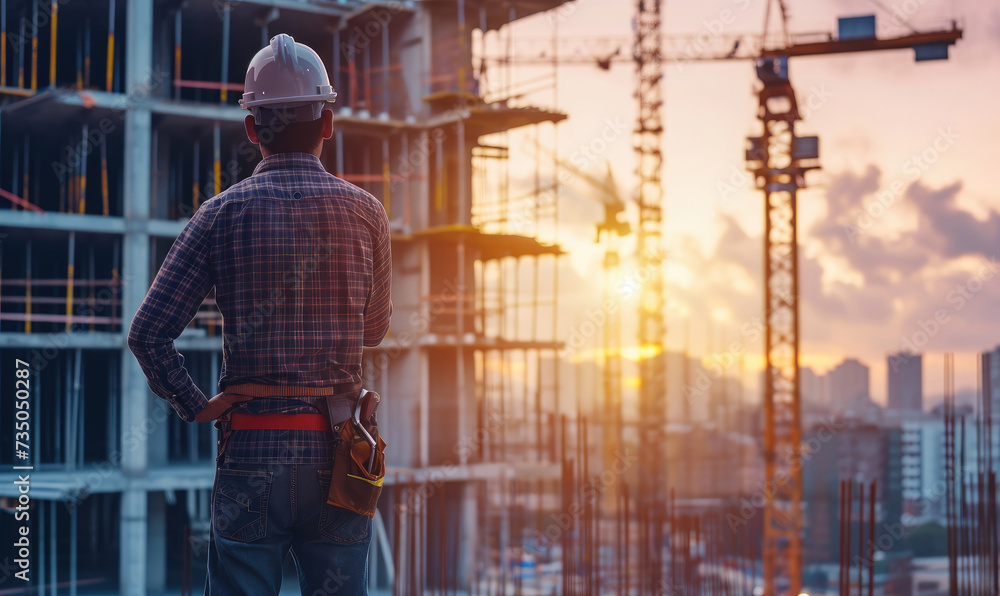 Engineer standing and supervising construction work The background is a building under construction Engineer standing and supervising construction work The background is a building under construction