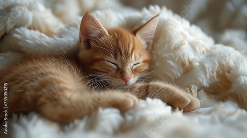 A cute little brown kitten sleeps on a white fur blanket.