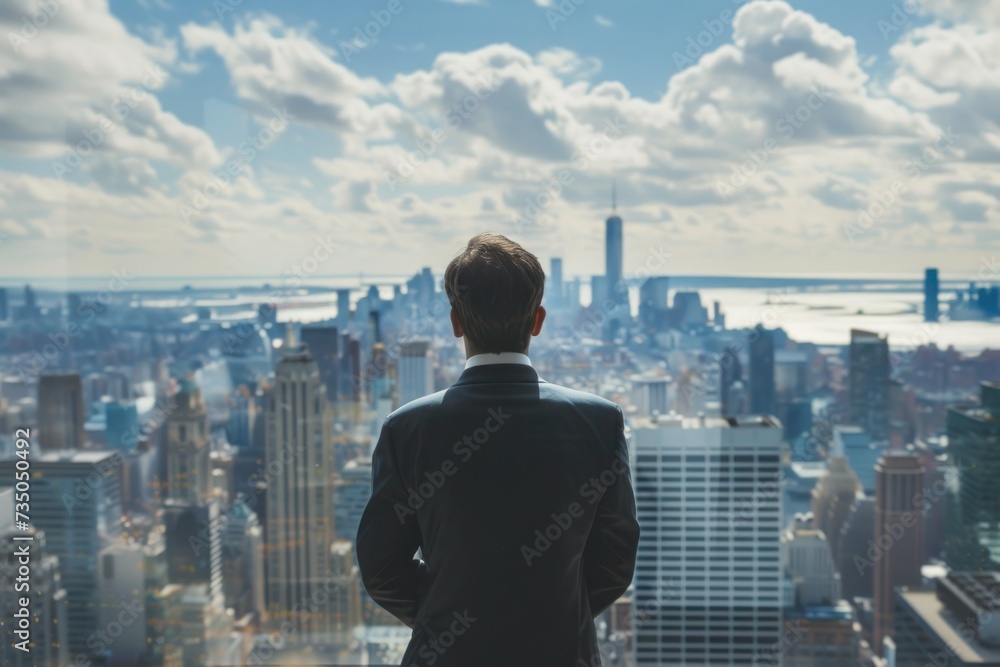 a confident CEO overlooking the city skyline from a high-rise office a confident CEO overlooking the city skyline from a high-rise office