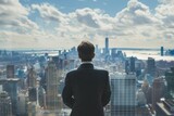 a confident CEO overlooking the city skyline from a high-rise office