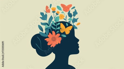 person silhouette with flowers around the head, positive thinking concept, focused mind.