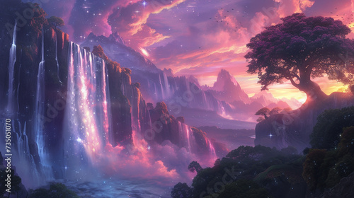 A vibrant fantasy world where waterfalls flow upwards trees sparkle under the twilight and unicorns prance around photo