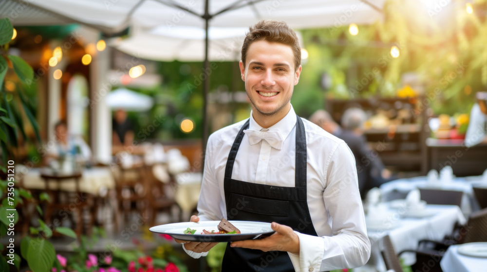 Smiling restaurant waiter is serving dishes on summer restaurant patio - obrazy, fototapety, plakaty 