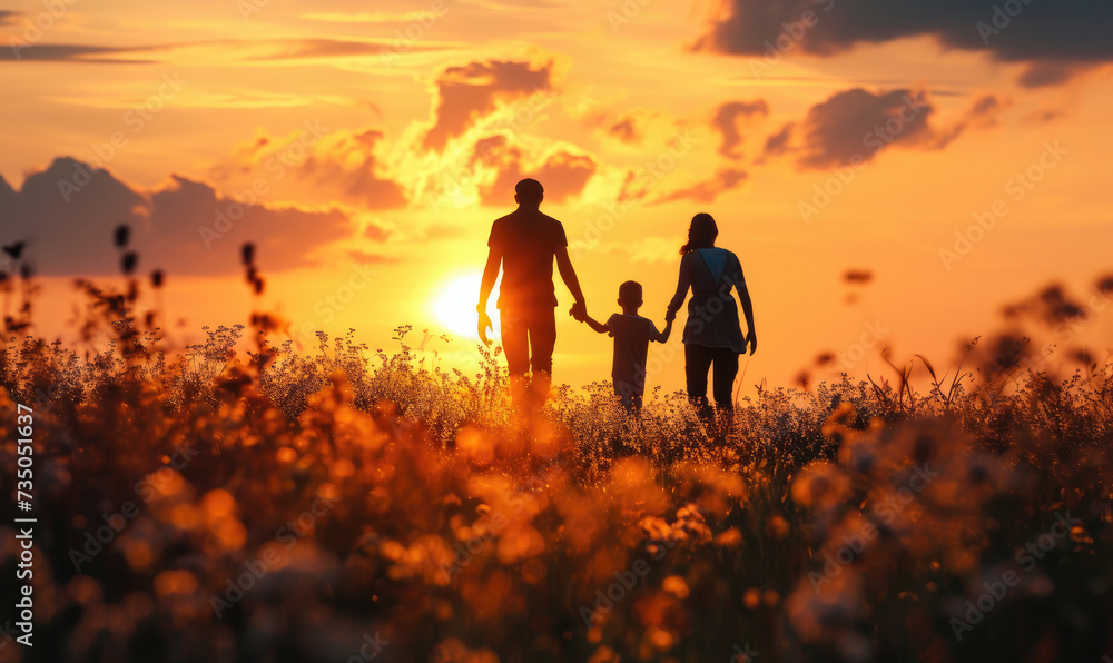 happy family, mother, father, children son and daughter on nature on sunset