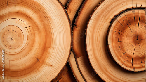 A close-up image of warm-toned cut wood, showing detailed tree rings and the cross-section of a tree trunk.