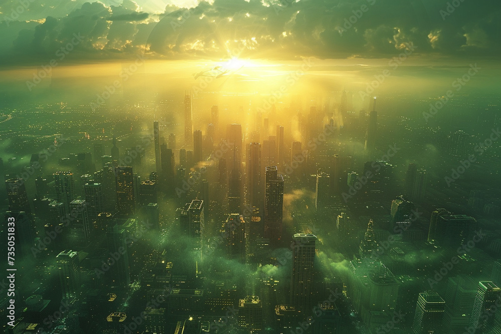 Dawn breaks over a dense, futuristic cityscape with flying vehicles.