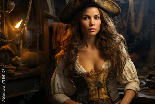 Female pirate ancient times, sea, ocean, ship, hat, saber, woman girl lady beautiful pretty cute dressed elegance, old time, maritime robbery.