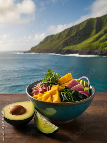 Hawaiian poke bowls with fresh ahi tuna, mango, avocado, and seaweed salad.