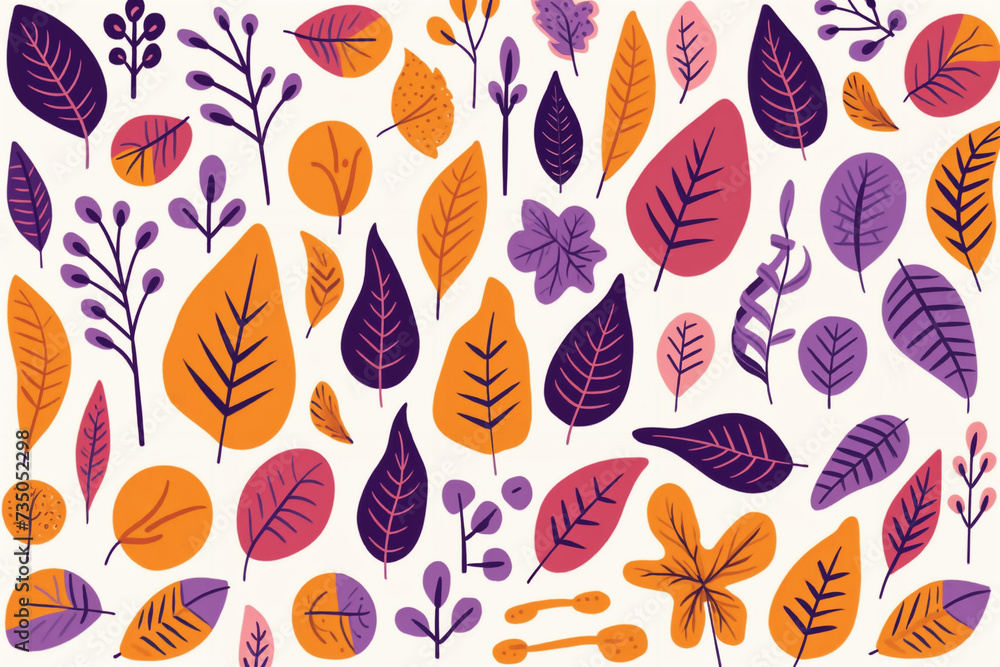 a bunch of different colored leaves on a white background with a white background and a purple and orange leaf pattern, generative ai a bunch of different colored leaves on a white background with a white background and a purple and orange leaf pattern, generative ai