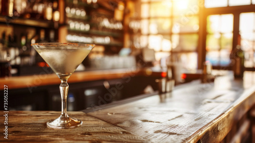 Martini cocktail on bar counter, sunset light
