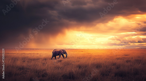 Big elephant in savannah, sunset light, dramatic sky, coming rain © Kondor83