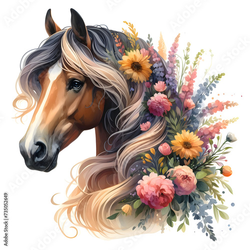 Horse. Flowers. Head. Portrait. Watercolor. Isolated illustration on a white background. Banner. Close-up. Generative AI