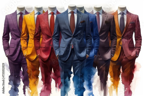 a group of mannequins wearing different colored suits and ties
