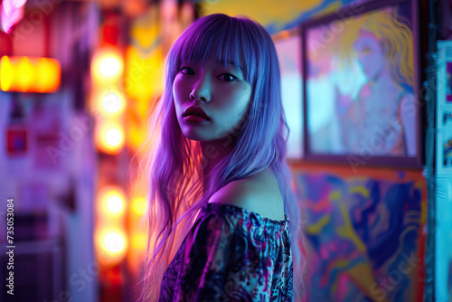 Asian woman model with colored hair on the street illuminated by neon light