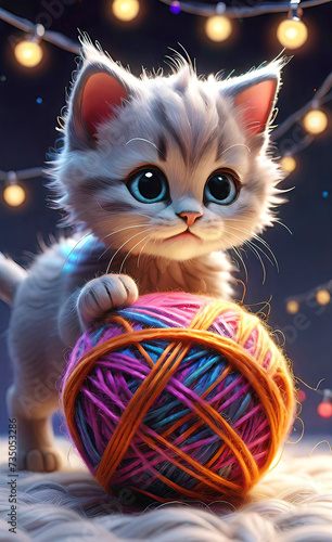 vector illustration, cute cheerful kitten playing with a ball of thread, children's picture for illustration, 3D rendering, sticker for children, background for smartphone or shorts,