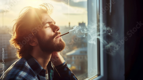 Young man smoking marijuana joint near the window photo