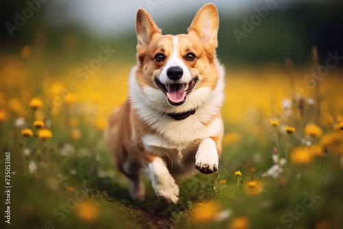 a dog running through a field of flowers