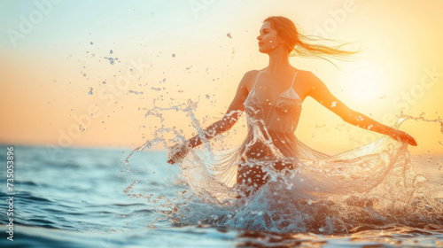 Young woman swimming in sea at sunset