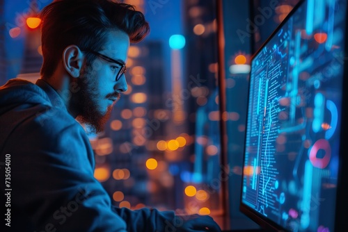 Focused male programmer immersed in coding with city light reflections on screen at night