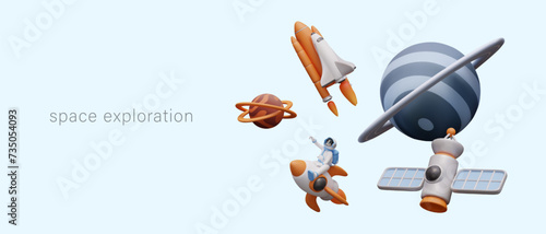 Space exploration concept. Astronaut rides on rocket, satellite revolves around planet