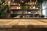 Empty wooden table with restaurant blur background. Generative AI