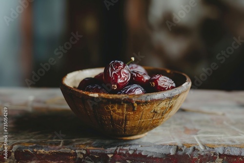 Date Night Vibes  Display Dried Dates in a Rustic Bowl with Symbolic Touch. Ramadan Mubarak