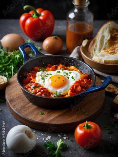 Israeli Shakshuka with poached eggs in a spicy tomato and bell pepper sauce.