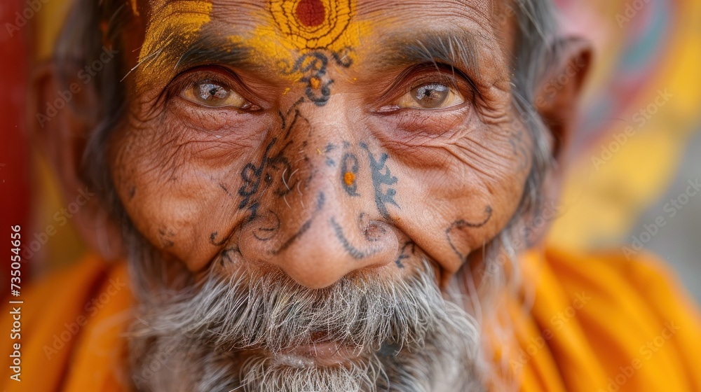 Portrait of an Indian Hindu monk in traditional religious dress giving blessings looking at camera Portrait of an Indian Hindu monk in traditional religious dress giving blessings looking at camera