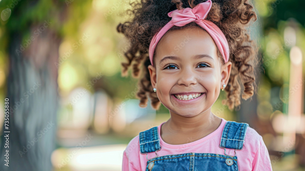 Joyful child with curly hair wearing a pink headband and denim overalls, smiling in a sunlit park Joyful child with curly hair wearing a pink headband and denim overalls, smiling in a sunlit park
