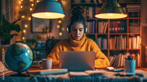 Dedicated young woman studying late at night surrounded by books, wearing headphones and a warm yellow sweater photo