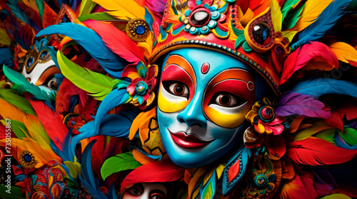 Vivid carnival mask adorned with colorful feathers and detailed artistry, capturing the exuberance of cultural festivities and global traditions of masquerade. © stateronz