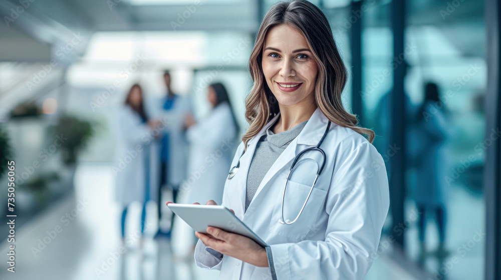 Female doctor holding a tablet in a hospital corridor with colleagues in the background Female doctor holding a tablet in a hospital corridor with colleagues in the background