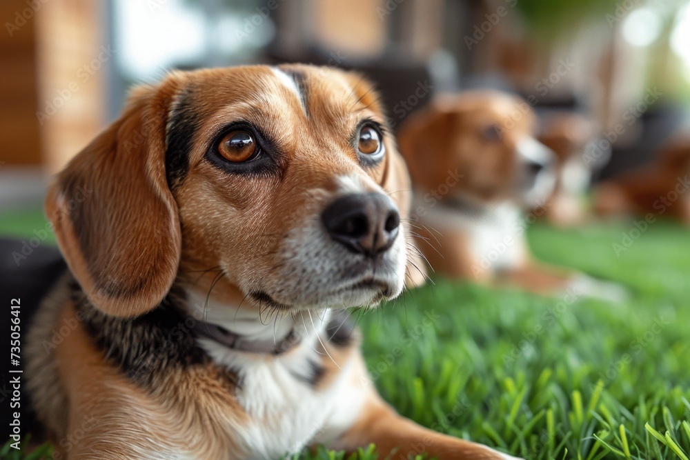 Portrait of a beagle dog in summer on a green lawn