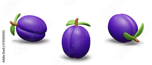 Realistic blue plum in vertical, horizontal, tilted position. Strong sweet fruit