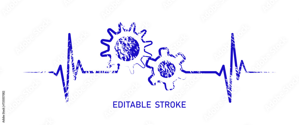 Fototapeta premium Editable lines grunge heart rhythm design with gears cogwheel, heartbeat line vector design to use in healthcare, medical business, healthy lifestyle, medicine and ekg concept illustration projects. 