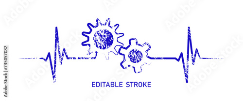 Editable lines grunge heart rhythm design with gears cogwheel, heartbeat line vector design to use in healthcare, medical business, healthy lifestyle, medicine and ekg concept illustration projects. 