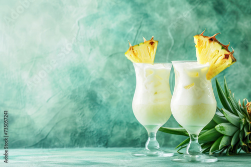 Two glasses of Pina Colada cocktail drinks garnished with pineapple slices on concrete background with copy space.